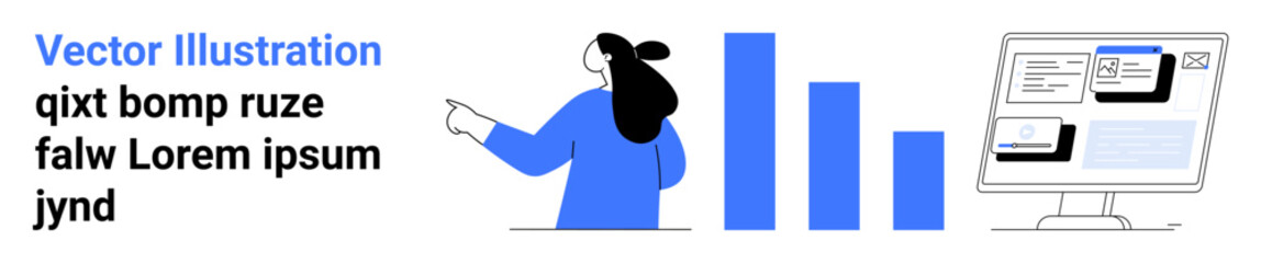 Woman pointing at bar chart, computer screen displaying data and documents. Ideal for business presentations, data analysis, project planning, report creation, educational content, web and app