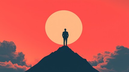 Embracing Success: Confident Leader Standing Tall on Symbolic Peak of Management Excellence