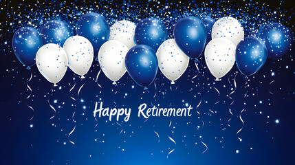 Celebrate a joyful retirement with this festive image of blue and white balloons and sparkling confetti against a deep blue backdrop. Perfect for cards, banners, and social media posts.