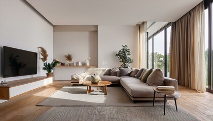 Bright modern living room with a large window and airy feel for spaciousness