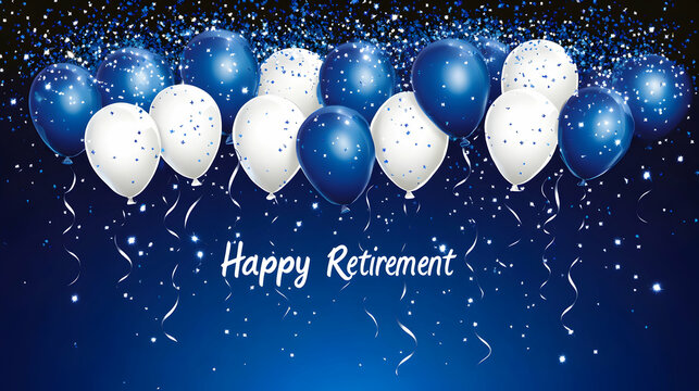 Celebrate a joyful retirement with this festive image of blue and white balloons and sparkling confetti against a deep blue backdrop. Perfect for cards, banners, and social media posts.