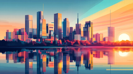 Obraz premium City skyline at sunset reflected in water with vibrant colors and modern architecture