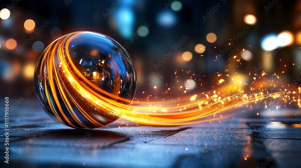 Poster glowing orb with swirling light trails in dynamic motion suggesting transformation