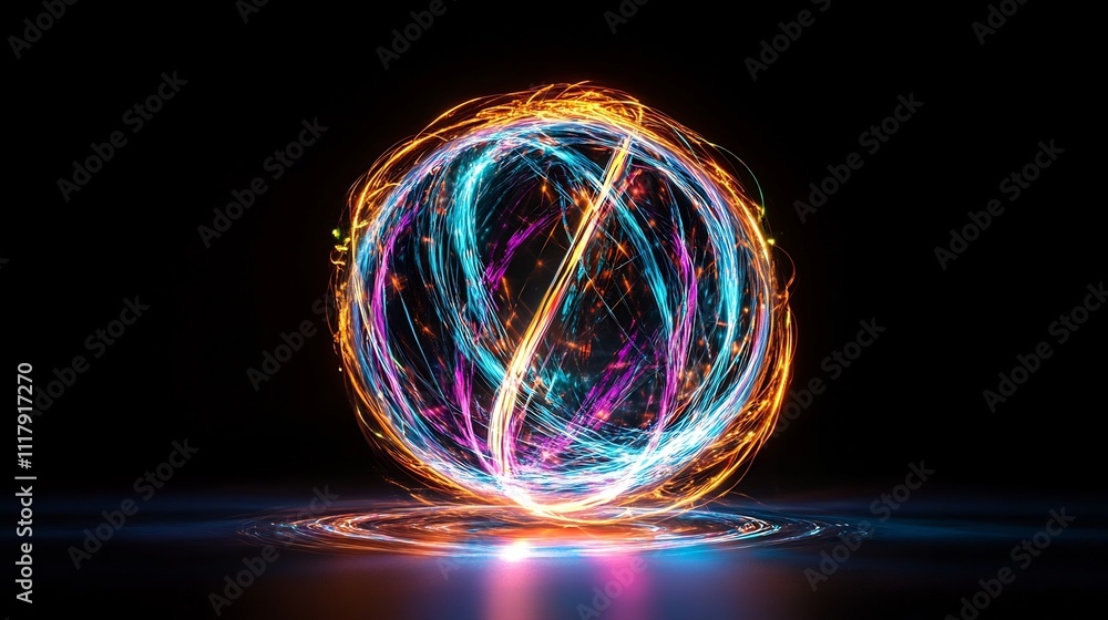 Poster captivating glowing sphere surrounded by swirling multicolored light trails in dynamic motion design