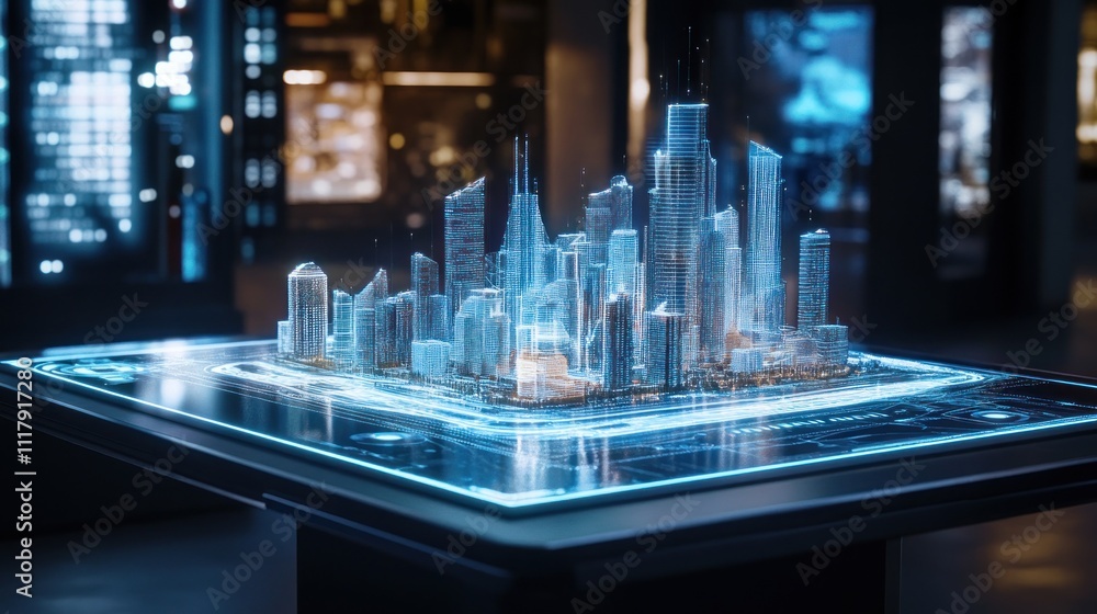 Aufkleber here's a and keyword list for your stock photo.. futuristic city model displayed on a digital table.