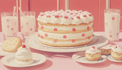 Delicious strawberry cream cake dessert table food photography bright kitchen overhead view sweet treats for celebrations