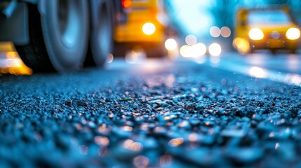 Blurred background of construction scene with workers and machinery for new asphalt road pavement