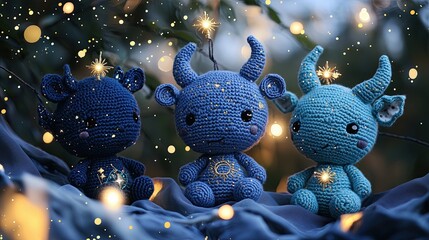 Zodiac constellation crochet plushies, celestial character designs, illustration
