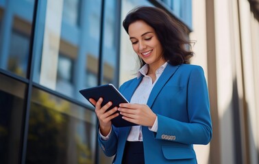 Fototapeta premium Businesswoman wearing blue coat holding a tablet, office building in the background