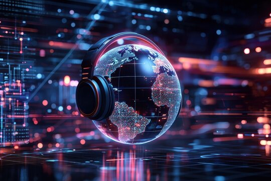 Global marketplace customer service chat, A digital globe with headphones, symbolizing music and connectivity in a tech-inspired environment.