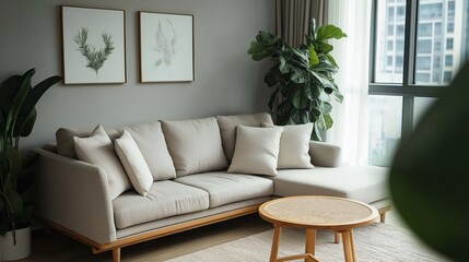 Fototapeta premium Modern living room with light gray walls