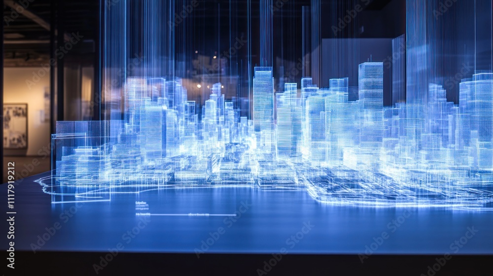 Aufkleber here's a description and keywords for your image.. futuristic city model illuminated, glowing wirefr