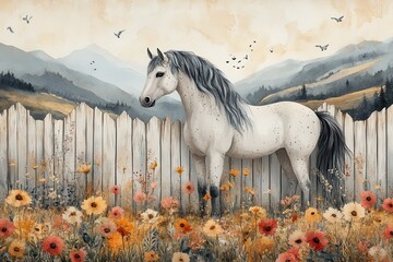 A serene white horse stands by a wooden fence amidst colorful flowers and mountains.