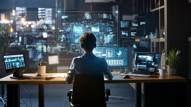 A person working at a desk with multiple screens in a modern office environment.