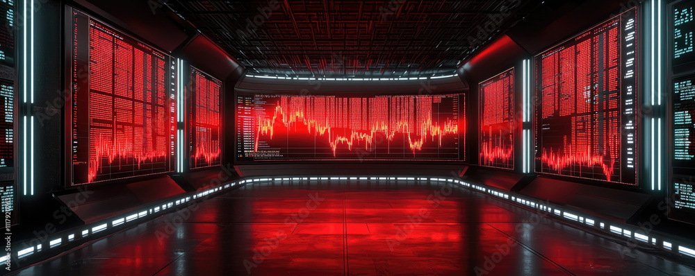 Poster futuristic data center with red graphics and sleek design, symbolizing advanced tech.