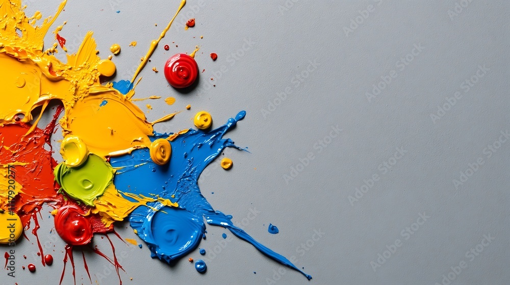 Poster vibrant abstract color splashes on soft gray background with chaos