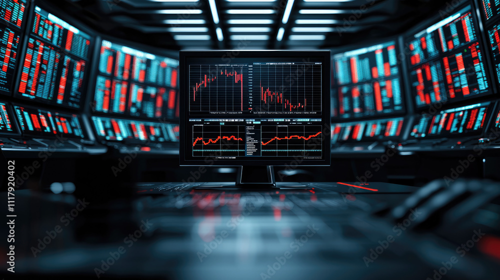 Poster futuristic trading room with multiple screens displaying stock market data and analysis.