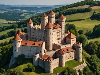 Obraz premium Majestic Medieval Castle Perched Atop Verdant Hills