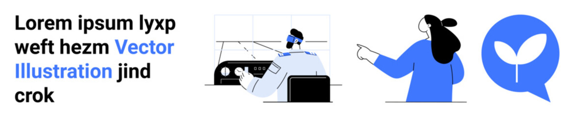 Business professionals interacting in a sleek office setting. Woman pointing at a display. Icon with growth symbol in speech bubble. Ideal for corporate communication, strategy planning, teamwork