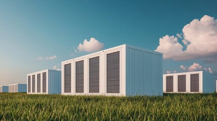 Home battery packs alternative electric energy storage. Modern energy storage facility in a green field