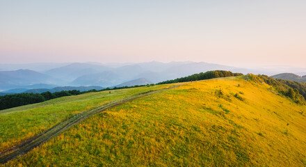Fototapeta premium Gorgeous summer landscape with green meadows stretching along a mountain range. Carpathian mountains, Ukraine.