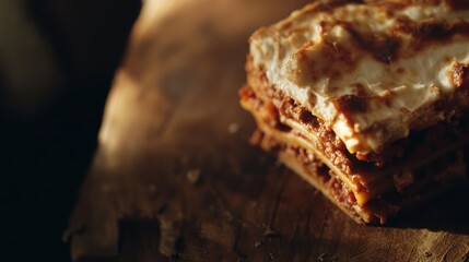 Fototapeta premium Close-up of a slice of classic Italian lasagna layered with rich bolognese sauce, creamy béchamel, and melted mozzarella, served on a rustic wooden table for a hearty, homestyle appeal