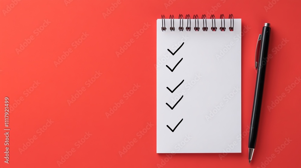 Poster a blank notepad with checklist and pen on a red surface.