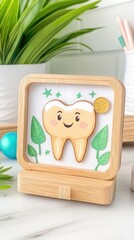Smiling tooth art in wooden frame with green decor and gold coin accent. The concept of dentistry, treatment and hygiene of teeth
