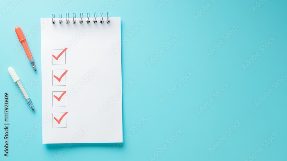 Poster top view of a checklist with check marks and pens on a blue background.