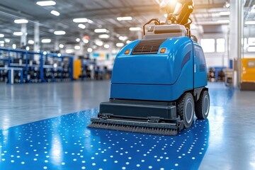 Industrial floor cleaning action in manufacturing facility with advanced scrubber machine modern environment close-up view for efficiency