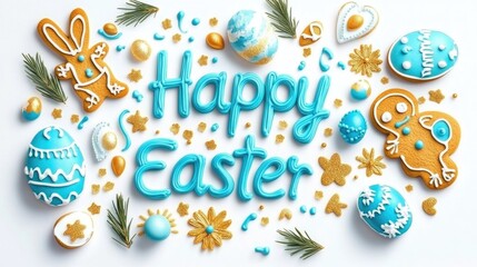 Colorful easter cookies with blue and white icing in festive arrangement. Happy Easter