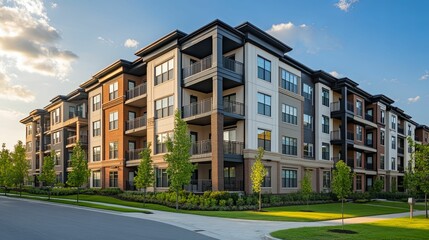 Modern Apartment Building Complex at Sunset