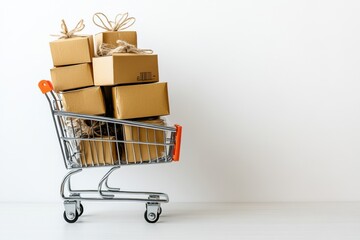 Shopping cart loaded with gift boxes retail store product display minimalist background side view e-commerce concept