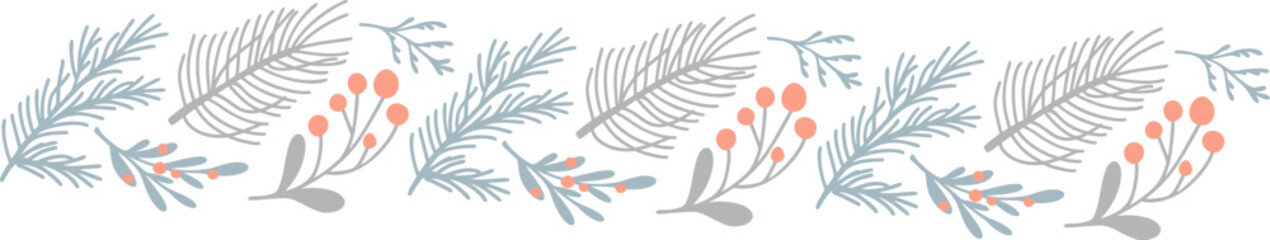 Christmas vector seamless border ornament with pine branches tree and berries creating a repeating festive winter pattern hand drawn for greeting card