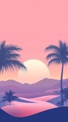 Tranquil Sunrise in the Desert: A serene desert landscape unfolds beneath a pastel sky, featuring the silhouette of palm tree and mountains bathed in the soft glow of a sunrise.