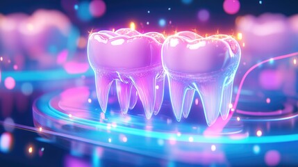 Futuristic neon teeth sculpture with vibrant glowing lights