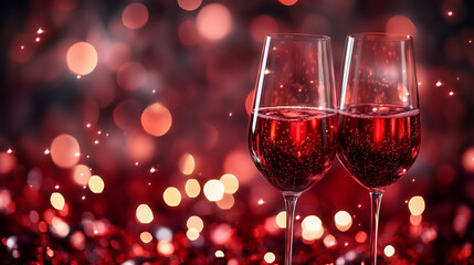 two glasses of wine Celebrate the holiday season in style with this elegant image of two sparkling wine glasses set against a backdrop of warm, glowing lights.