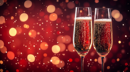two glasses of wine Celebrate the holiday season in style with this elegant image of two sparkling wine glasses set against a backdrop of warm, glowing lights.