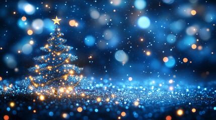Festive Blue Christmas Tree with Glitter and Warm Lights