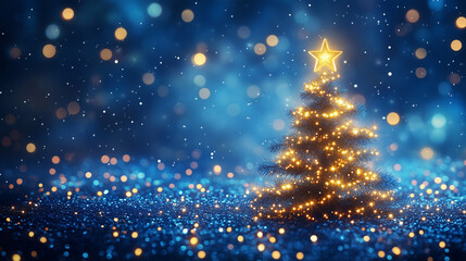 Festive Blue Christmas Tree with Glitter and Warm Lights