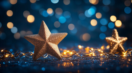 Golden Star on Festive Tree. Blue background, Capture the essence of the holiday season with this enchanting image of a golden star ornament hanging on a beautifully decorated Christmas tree. 