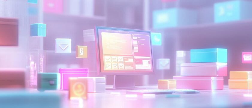 Effective Inventory Control visualized as a serene inventory dashboard in soft pastel tones, surrounded by organized icons in glowing light