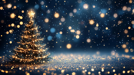 Festive Blue Christmas Tree with Glitter and Warm Lights