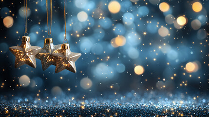 Golden Star on Festive Tree. Blue background, Capture the essence of the holiday season with this enchanting image of a golden star ornament hanging on a beautifully decorated Christmas tree. 