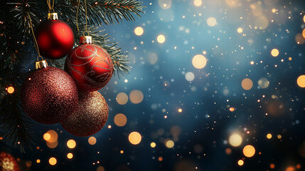 Festive Baubles on Christmas Tree. The ornaments sparkle against a backdrop of soft, warm lights and lush green pine needles, creating a festive and inviting atmosphere. 