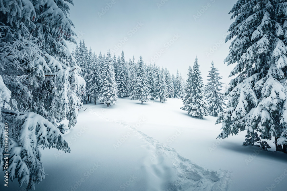 Poster tranquil winter scene of a coniferous forest with frosted christmas trees on a gloomy foggy day. pho