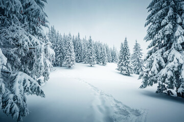 Tranquil winter scene of a coniferous forest with frosted Christmas trees on a gloomy foggy day. Photo wallpapers.