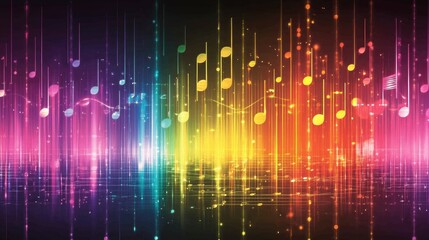 Colorful musical notes on a vibrant abstract spectrum background