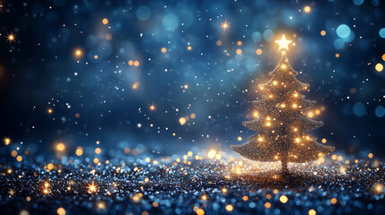 Festive Blue Christmas Tree with Glitter and Warm Lights