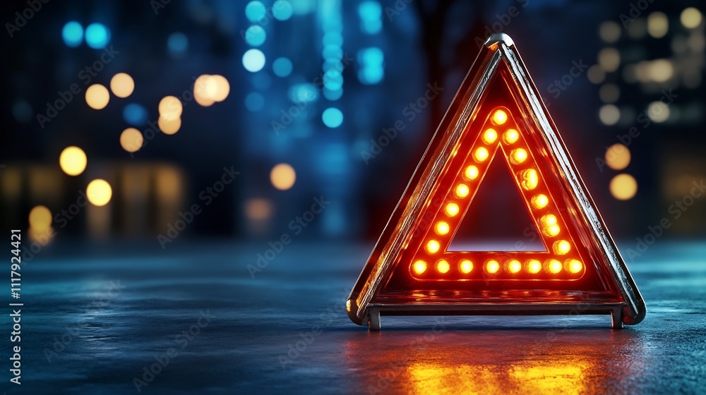 Poster 3d flashing emergency warning triangle notification with glowing symbols